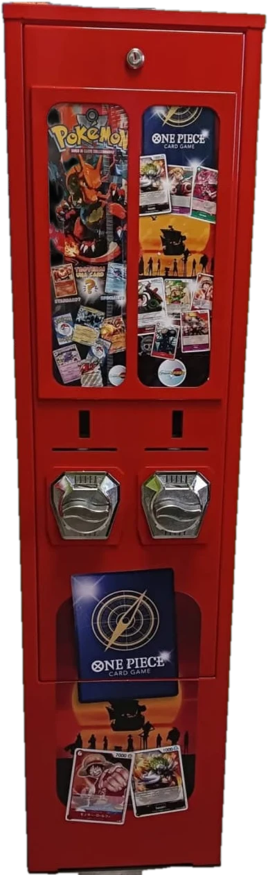 Our red card machine with two coin slots, one for Pokémon and one for One Piece Karten
