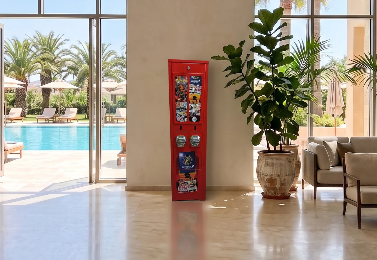 Een hotellobby met onze rode kaartenautomaat