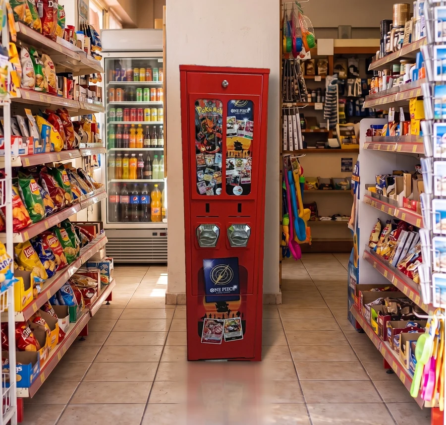 Een souvenirwinkel met onze rode kaartenautomaat